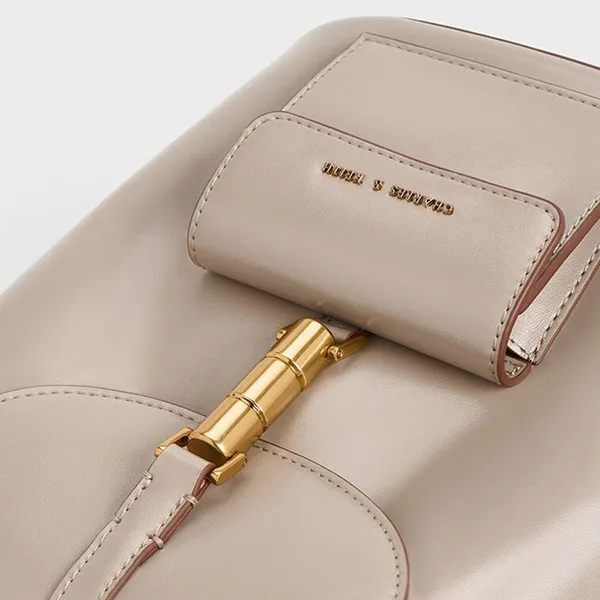 Balo Nữ Charles & Keith CNK Cesia Metallic Accent Backpack Taupe 60151332 Màu Be