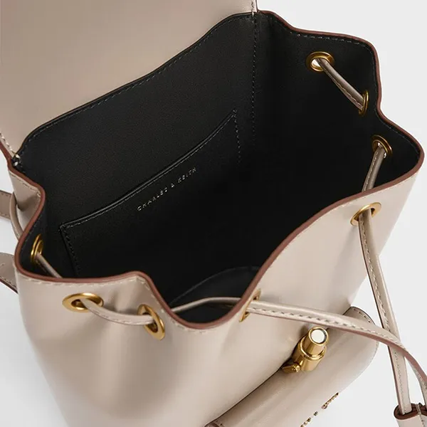 Balo Nữ Charles & Keith CNK Cesia Metallic Accent Backpack Taupe 60151332 Màu Be