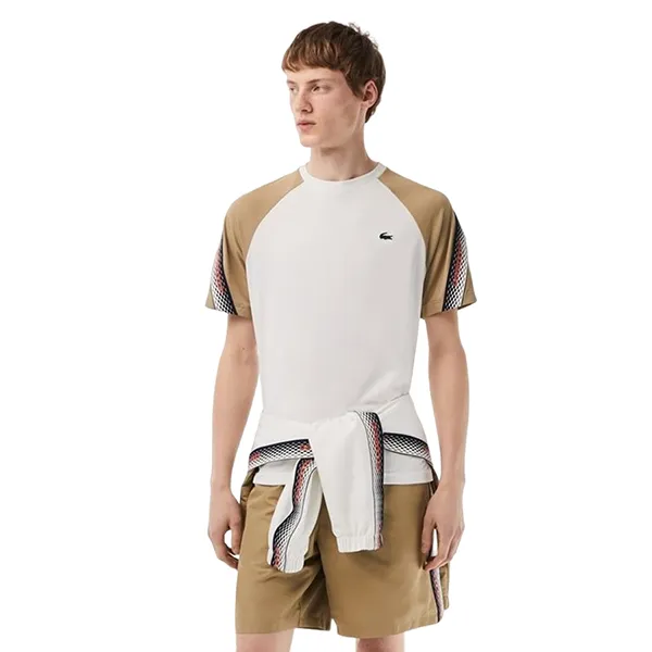 Bộ Quần Áo Cộc Tay Nam Lacoste Men's Sport Regular Fit Logo Stripe Màu Trắng/Be Size S