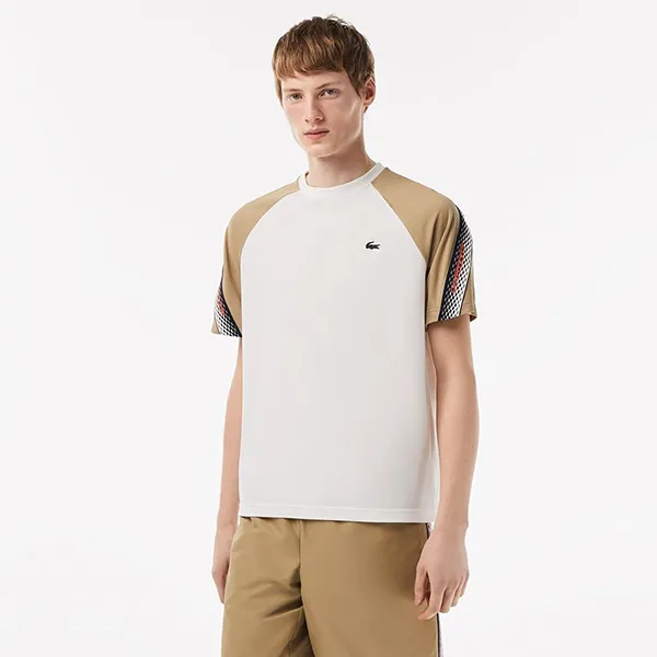 Bộ Quần Áo Cộc Tay Nam Lacoste Men's Sport Regular Fit Logo Stripe Màu Trắng/Be Size S