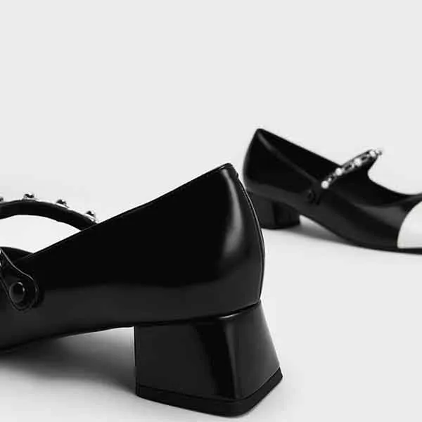 Giày Nữ Charles & Keith CNK Beaded Chain-Link Mary Janes 60580265 Màu Đen/Trắng Size 36