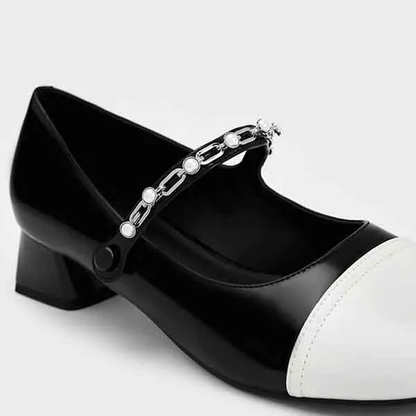 Giày Nữ Charles & Keith CNK Beaded Chain-Link Mary Janes 60580265 Màu Đen/Trắng Size 36