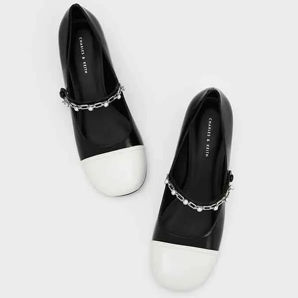 Giày Nữ Charles & Keith CNK Beaded Chain-Link Mary Janes 60580265 Màu Đen/Trắng Size 36