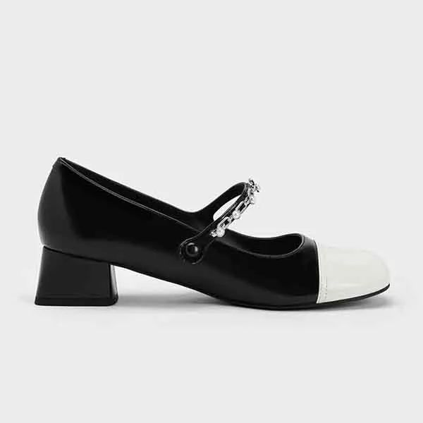 Giày Nữ Charles & Keith CNK Beaded Chain-Link Mary Janes 60580265 Màu Đen/Trắng Size 36