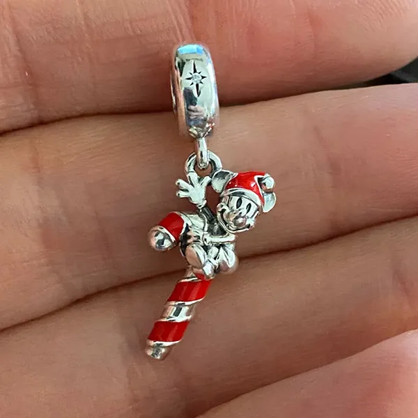 Hạt Vòng Charm Pandora Disney Mickey Candy Cane Dangle 797500EN09 Màu Bạc Đỏ