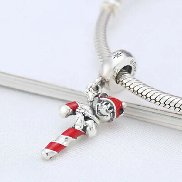 Hạt Vòng Charm Pandora Disney Mickey Candy Cane Dangle 797500EN09 Màu Bạc Đỏ