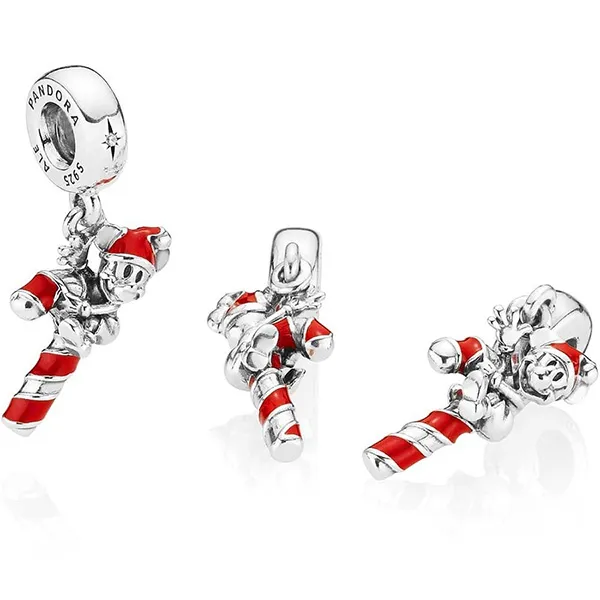 Hạt Vòng Charm Pandora Disney Mickey Candy Cane Dangle 797500EN09 Màu Bạc Đỏ