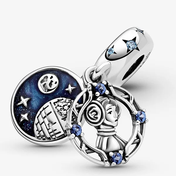 Hạt Vòng Charm Pandora Star Wars Princess Leia Double Dangle Charm 799251C01 Màu Xanh Bạc