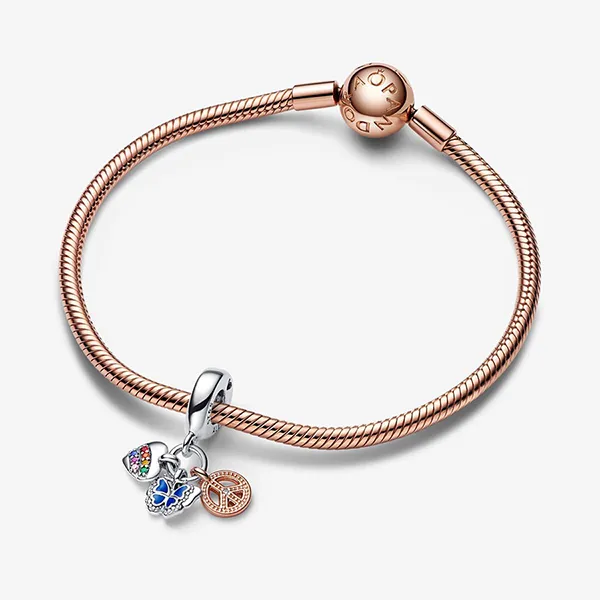 Hạt Vòng Charm Pandora Two-Tone Rainbow Heart, Butterfly & Peace Triple Dangle 782572C01 Phối Màu - Trang sức - Vua Hàng Hiệu