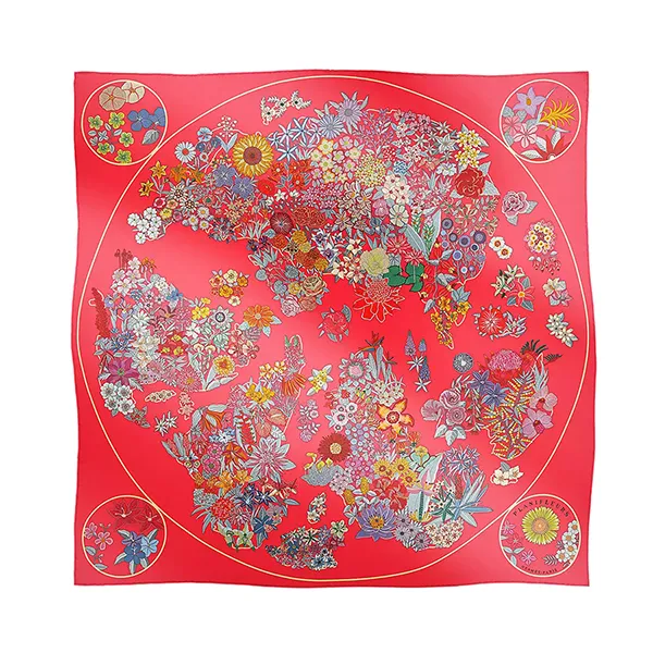 Khăn Hermès Carré 90 Planifleurs Rose Vif / Vert / Multicolore Màu Hồng Đỏ