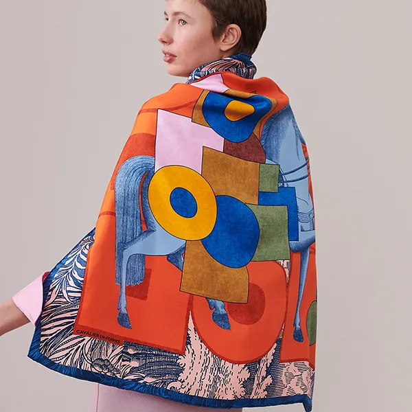 Khăn Hermès Cavalier En Formes Scarf 90 Bleu Moyen / Orange Cuit / Rose Màu Cam Xanh - Thời trang - Vua Hàng Hiệu