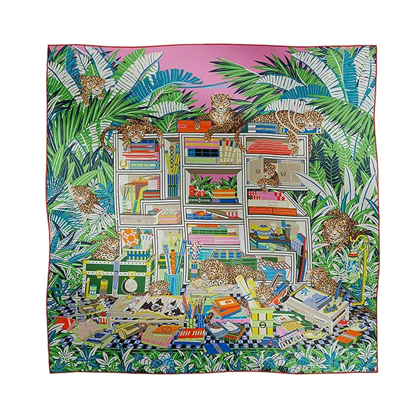 Khăn Hermès Les Douze Leopards Double Face Scarf 90 Rose Bonbon / Vert Vif / Jaune Màu Xanh Hồng