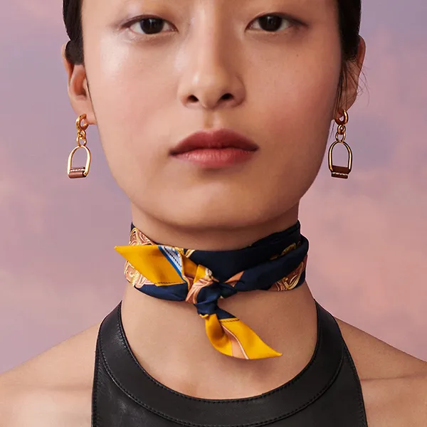 Khăn Nữ Hermès Brides de Gala Applique Pique Twilly Marine / Beige Doré / Gold Màu Xanh Vàng