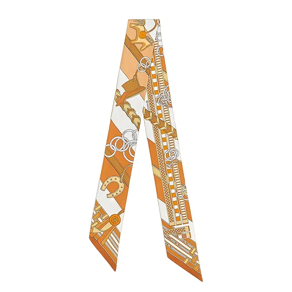 Khăn Nữ Hermès Brides et Gris-Gris Twilly Caramel / Blanc / Bronze Màu Cam