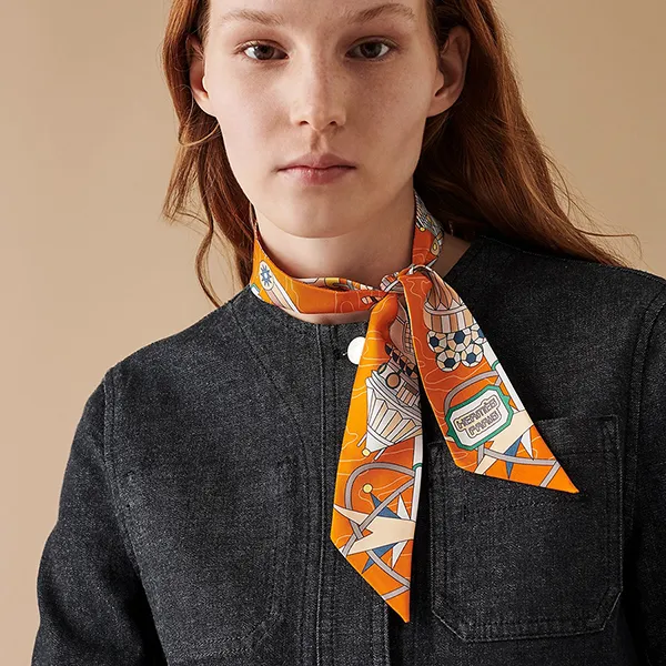 Khăn Nữ Hermès Scarf Odyssey Twilly Orange / Vert / Jaune Màu Cam