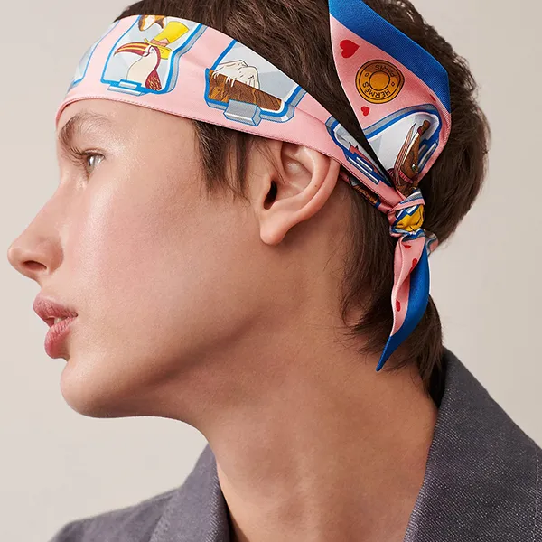 Khăn Nữ Hermès Story Twilly Rose / Bleu / Jaune Phối Màu