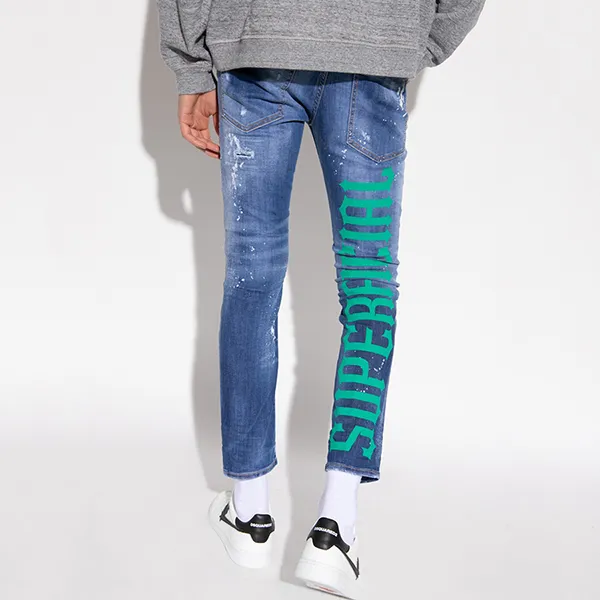 Quần Jean Nam Dsquared2 Blue Logo Patch Paint-Splatter Skater Fit S71LB1032 Màu Xanh Size 44
