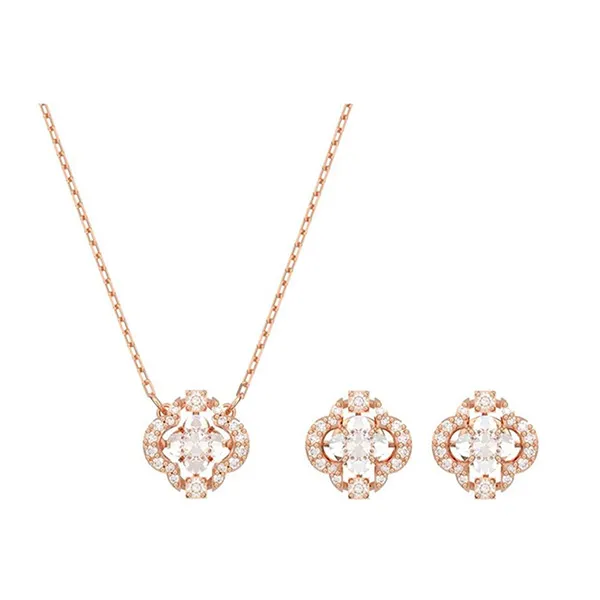 Set Dây Chuyền + Khuyên Tai Nữ Swarovski Sparkling Dance Set Mixed Cuts, Clover, White, Rose Gold-Tone Plated 5642930 Màu Vàng Hồng