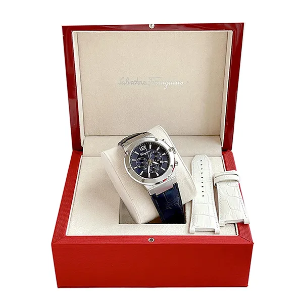 Set Đồng Hồ Nam Salvatore Ferragamo F-80 Chronograph Watch SFEX00119 Màu Trắng/Xanh (Kèm Dây Handmade) - Đồng hồ - Vua Hàng Hiệu
