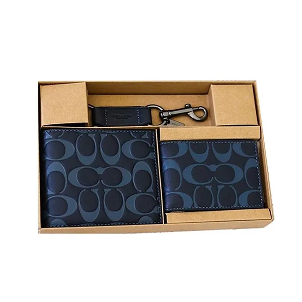 Set Ví Nam Coach Boxed 3 In 1 Wallet Gift Set In Signature Leather CJ737 Màu Xanh Navy