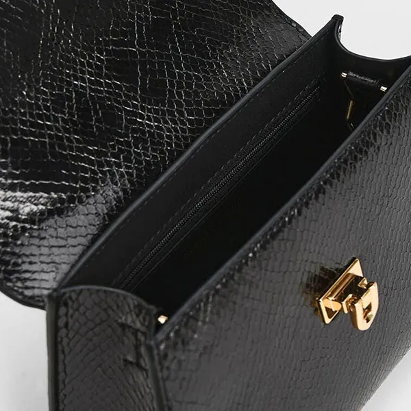 Túi Đeo Chéo Charles & Keith CNK Tallulah Snake Print Trapeze Top Handle 50271275-1 Màu Đen