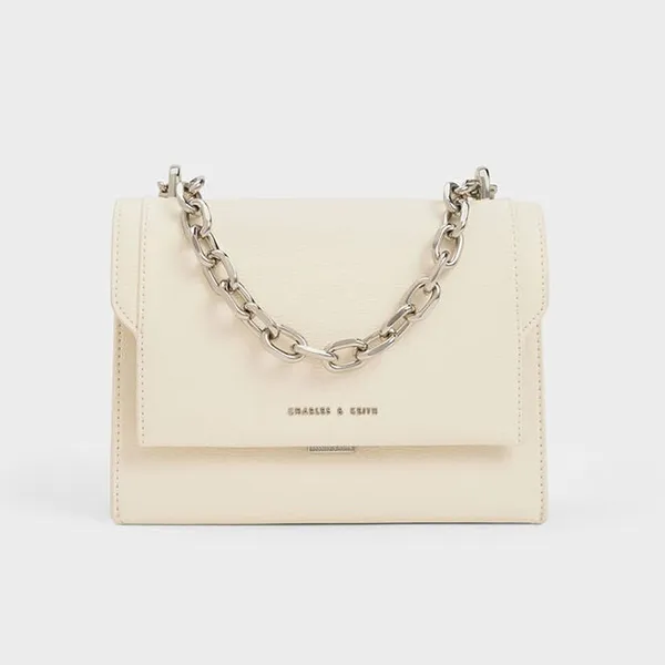Túi Đeo Chéo Nữ Charles & Keith CNK Front Flap Chain Handle Crossbody Bag Cream 80701349 Màu Kem