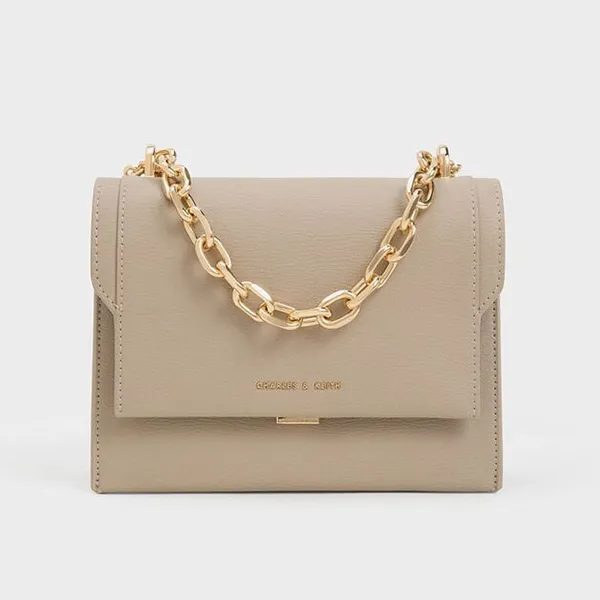 Túi Đeo Chéo Nữ Charles & Keith CNK Front Flap Chain Handle Crossbody Bag Taupe 80701349 Màu Nâu Sẫm