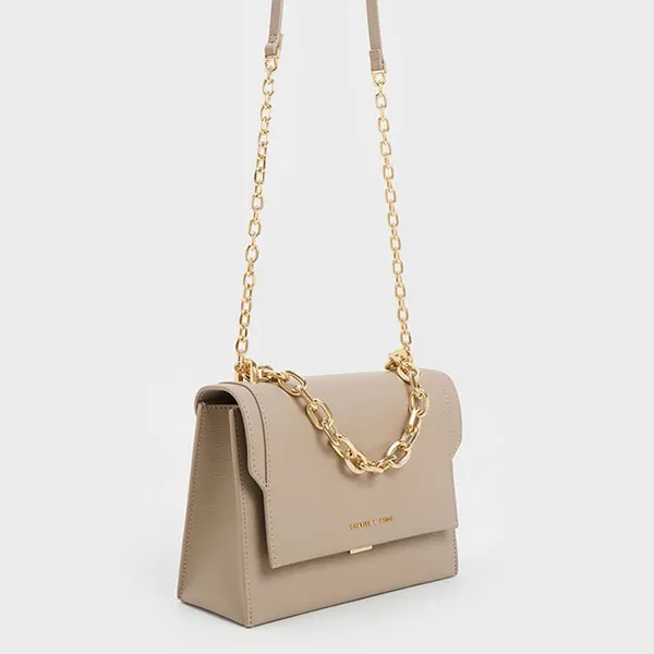 Túi Đeo Chéo Nữ Charles & Keith CNK Front Flap Chain Handle Crossbody Bag Taupe 80701349 Màu Nâu Sẫm