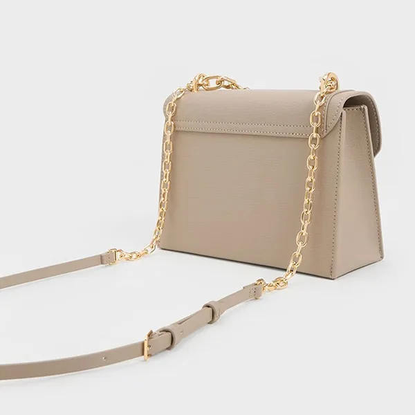 Túi Đeo Chéo Nữ Charles & Keith CNK Front Flap Chain Handle Crossbody Bag Taupe 80701349 Màu Nâu Sẫm