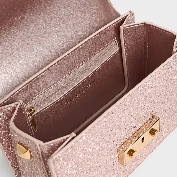 Túi Đeo Chéo Nữ Charles & Keith CNK Glittered Push-Lock Chain-Handle Bag Blush CK2-80701360-1 Màu Hồng