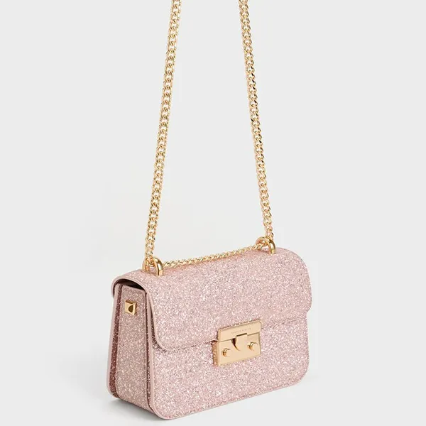 Túi Đeo Chéo Nữ Charles & Keith CNK Glittered Push-Lock Chain-Handle Bag Blush CK2-80701360-1 Màu Hồng
