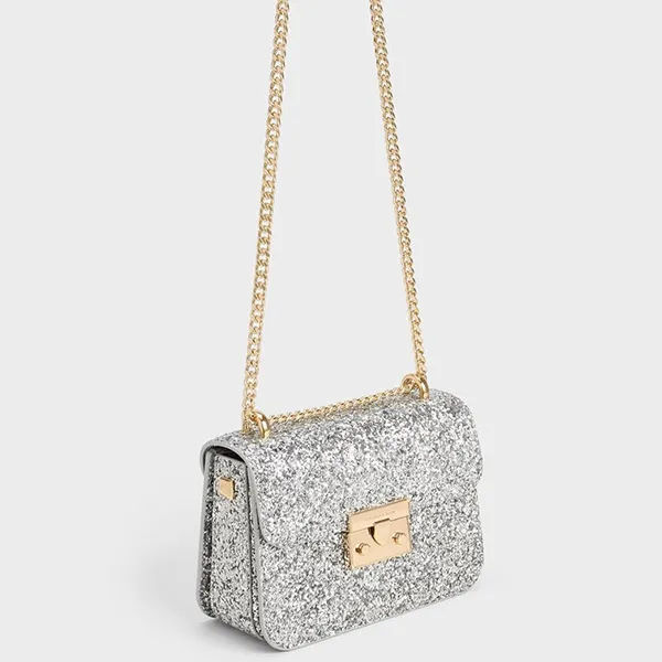 Túi Đeo Chéo Nữ Charles & Keith CNK Glittered Push-Lock Chain-Handle Bag Silver 80701360-1 Màu Bạc
