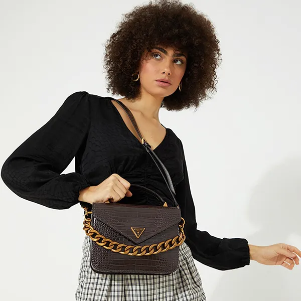 Túi Đeo Chéo Nữ Guess Retour Top Handle Flap Bag Brown Màu Nâu - Túi xách - Vua Hàng Hiệu
