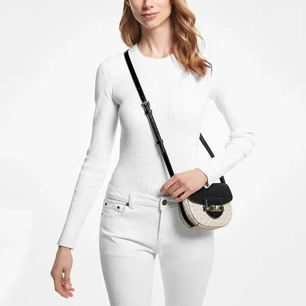 Túi Đeo Chéo Nữ Michael Kors MK Reed Small Logo and Leather Crossbody Bag 35F3G6RC1B Màu Trắng/Đen