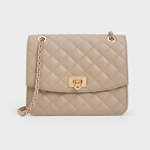 Túi Đeo Vai Nữ Charles & Keith CNK Cressida Quilted Chain Strap Bag 70782173 Màu Nâu Be