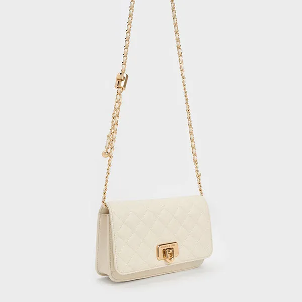 Túi Đeo Vai Nữ Charles & Keith CNK Cressida Quilted Push-Lock Clutch Cream 70160131 Màu Trắng Kem