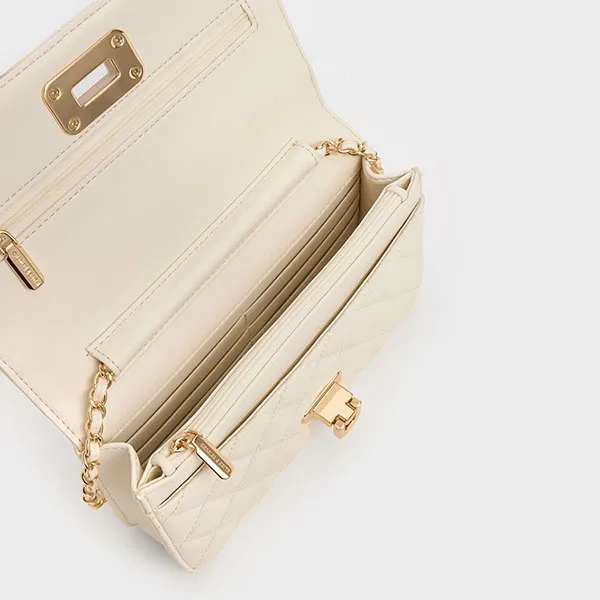 Túi Đeo Vai Nữ Charles & Keith CNK Cressida Quilted Push-Lock Clutch Cream 70160131 Màu Trắng Kem