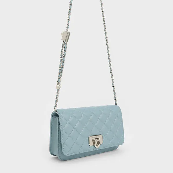 Túi Đeo Vai Nữ Charles & Keith CNK Cressida Quilted Push-Lock Clutch Slate Blue 70160131 Màu Xanh