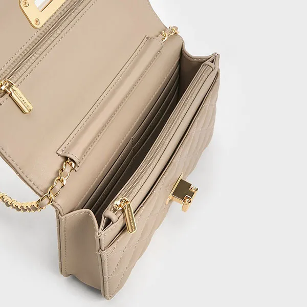 Túi Đeo Vai Nữ Charles & Keith CNK Cressida Quilted Push-Lock Clutch Taupe 70160131 Màu Nâu
