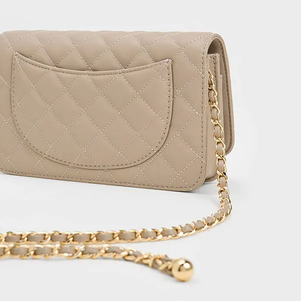 Túi Đeo Vai Nữ Charles & Keith CNK Cressida Quilted Push-Lock Clutch Taupe 70160131 Màu Nâu