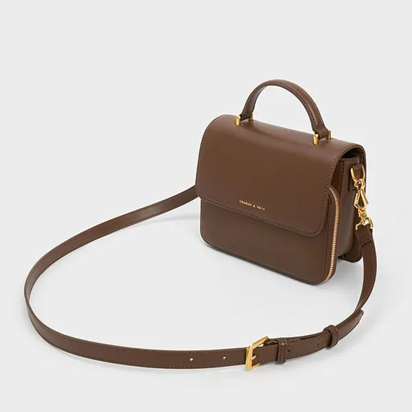 Túi Đeo Vai Nữ Charles & Keith CNK Front Flap Top Handle Bag Dark Brown 80160156 Màu Nâu
