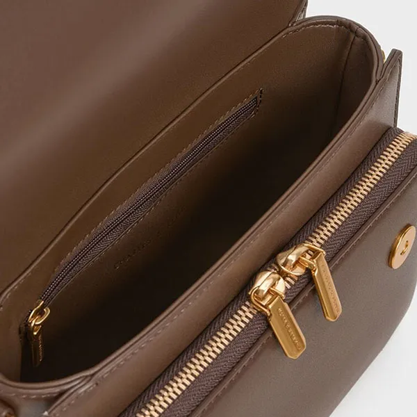 Túi Đeo Vai Nữ Charles & Keith CNK Front Flap Top Handle Bag Dark Brown 80160156 Màu Nâu