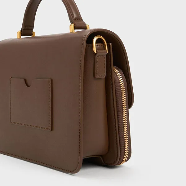 Túi Đeo Vai Nữ Charles & Keith CNK Front Flap Top Handle Bag Dark Brown 80160156 Màu Nâu