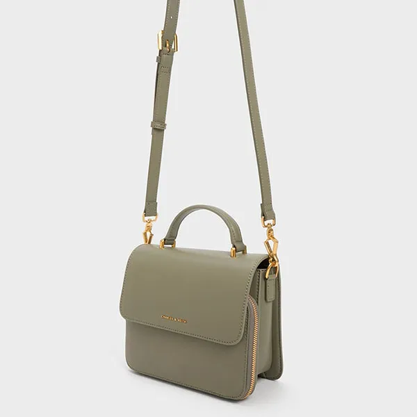 Túi Đeo Vai Nữ Charles & Keith CNK Front Flap Top Handle Bag Khaki 80160156 Màu Xanh Kaki