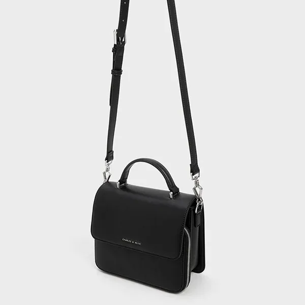 Túi Đeo Vai Nữ Charles & Keith CNK Front Flap Top Handle Bag Noir CK2-80160156 Màu Đen