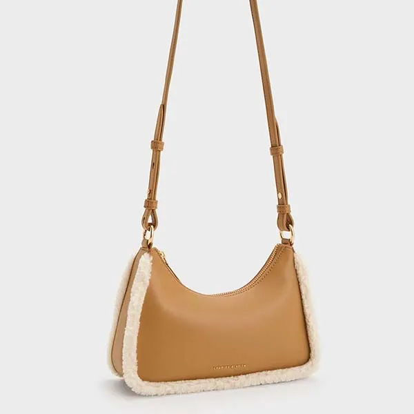 Túi Đeo Vai Nữ Charles & Keith CNK Fur-Trim Lock & Key Chain Handle Bag Camel 20271269-1 Màu Nâu