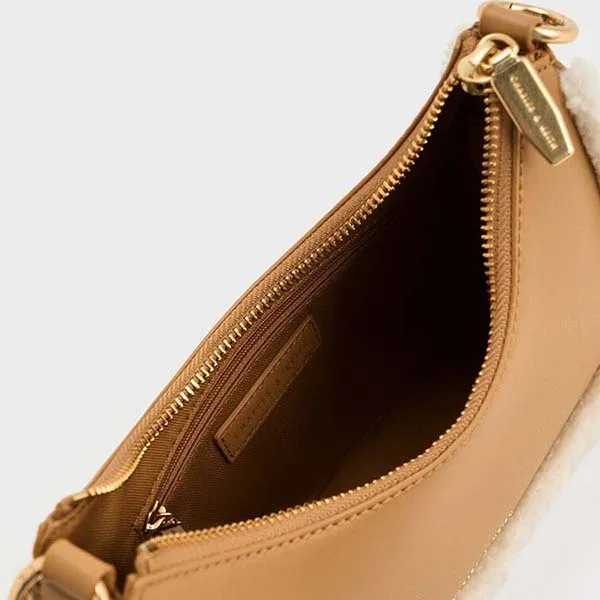 Túi Đeo Vai Nữ Charles & Keith CNK Fur-Trim Lock & Key Chain Handle Bag Camel 20271269-1 Màu Nâu
