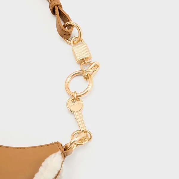 Túi Đeo Vai Nữ Charles & Keith CNK Fur-Trim Lock & Key Chain Handle Bag Camel 20271269-1 Màu Nâu