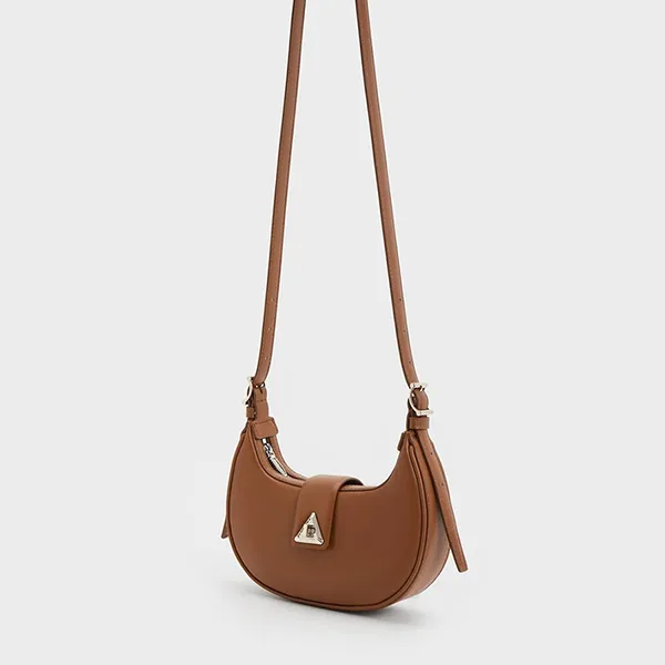 Túi Xách Nữ Charles & Keith CNK Trice Metallic Accent Belted Shoulder Bag Cognac 50271205 Màu Nâu