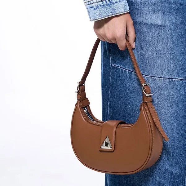 Túi Xách Nữ Charles & Keith CNK Trice Metallic Accent Belted Shoulder Bag Cognac 50271205 Màu Nâu